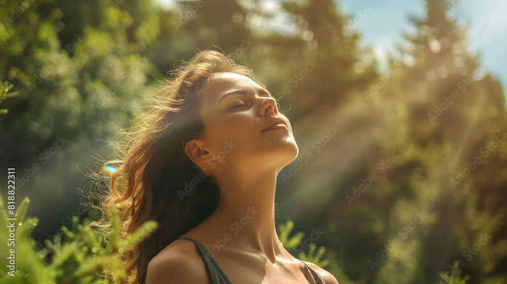 Relaxed woman breathing fresh air in a green forest. 