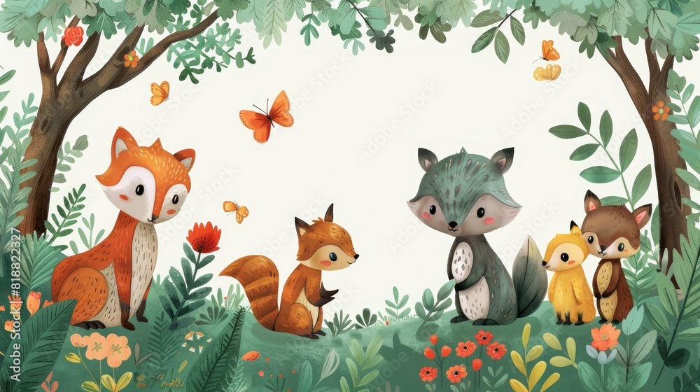 Naklejka premium A whimsical illustration of adorable woodland creatures frolicking amidst a lush forest backdrop, perfect for children's books and educational materials. 