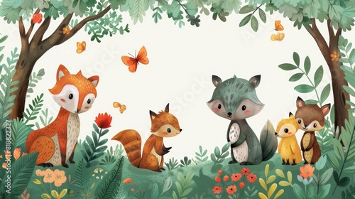 A whimsical illustration of adorable woodland creatures frolicking amidst a lush forest backdrop  perfect for children s books and educational materials. 