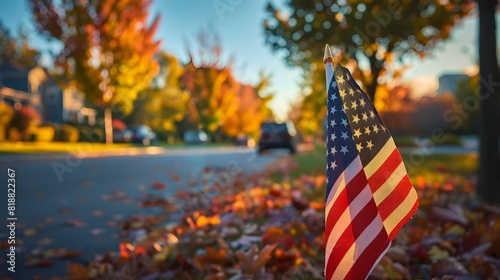 Vibrant American Flag at Picturesque Sunrise in Autumn Landscape