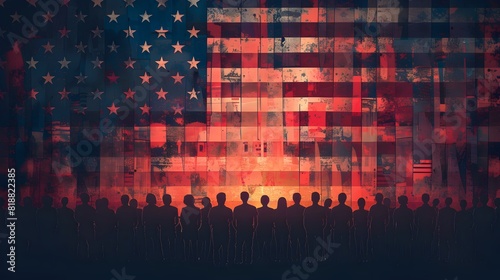 Crowd gathers beneath American flag,reflecting on principles of democracy and civic duty photo