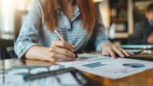 Wallpaper Mural Close-up of a woman's hands as she reviews charts and graphs in paperwork on a desk Torontodigital.ca