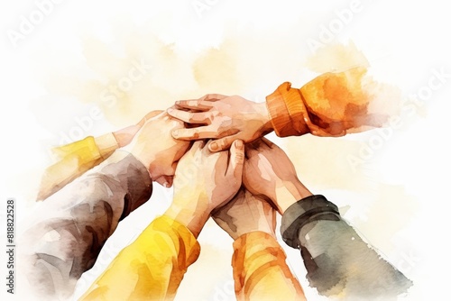 Watercolor illustration of diverse team holding hands together for support - top view photo