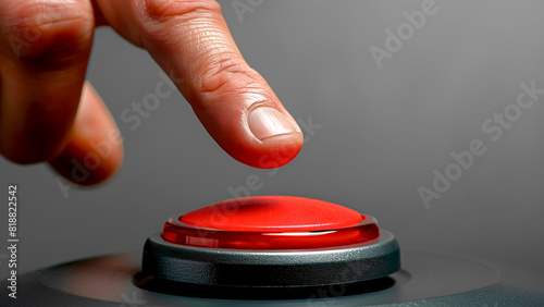 Close-Up of Hand Pressing Red Panic Button. Urgent Action, Emergency Response, Critical Situation.