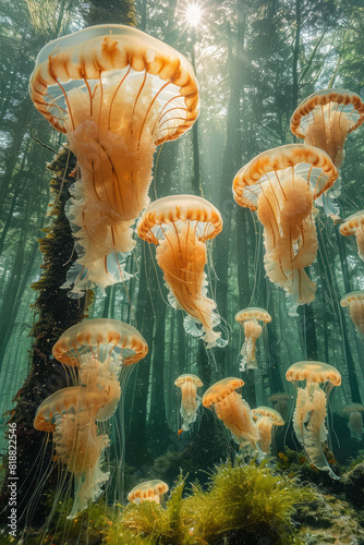 Scene of jellyfish floating in a way that their tentacles create the illusion of a mystical underwater forest,