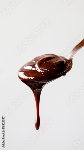 Chocolate Pudding on Spoon on White Background. Rich Flavor, Comfort Food, Gourmet Treat.