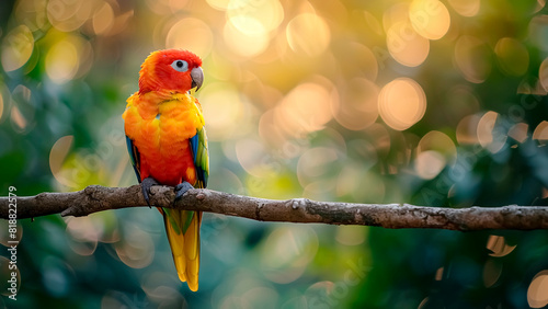 Colorful Jandaia-Amarela (Aratinga Solstitialis) Perched on Branch. Exotic Avian, Bird from the Amazon of Brazil. photo