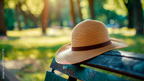Sun Hat on Park Bench. Summer Leisure, Relaxation Concept, Outdoor Serenity. photo