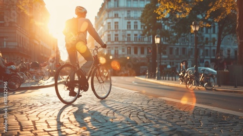 72. Cyclist commuting through a city square, dedicated bike lanes, urban cycling photo