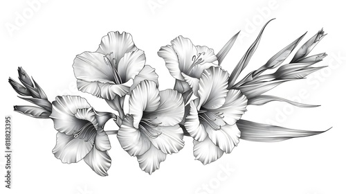 Delicate Gladiolus Flower Graphite Sketch on Isolated Background