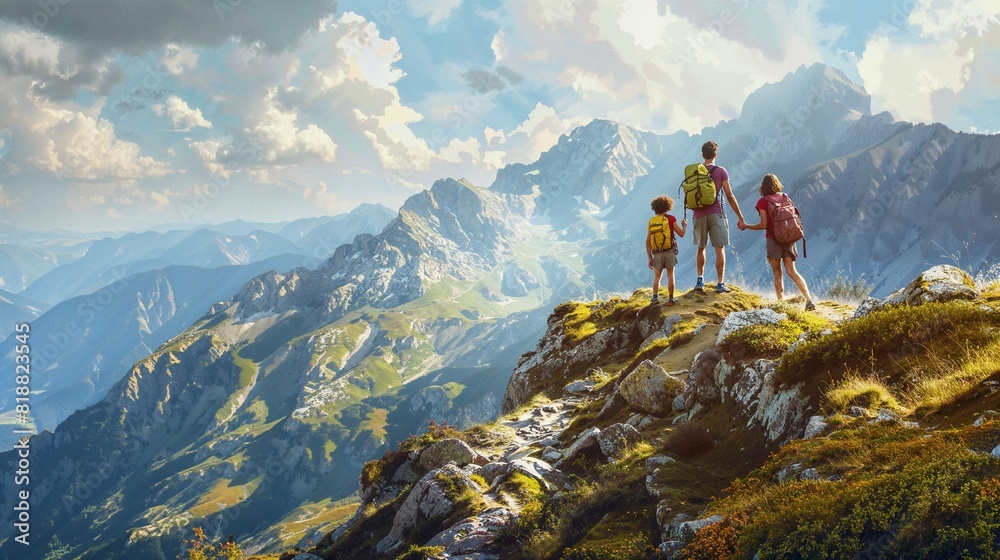 Fototapeta premium Family Hiking in the Mountains with Scenic View