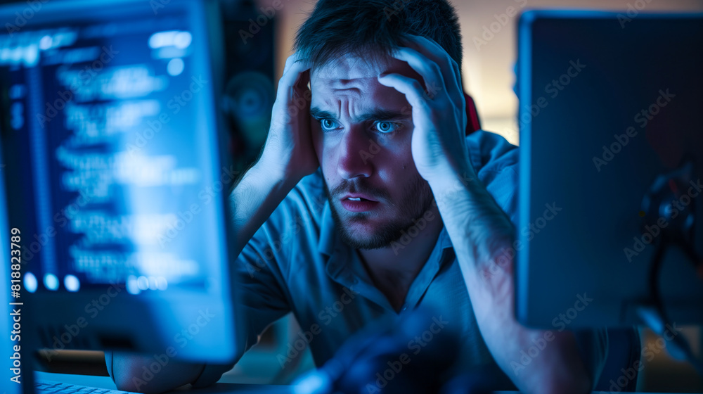 A perplexed figure pondering their computer display A perplexed figure pondering their computer display
