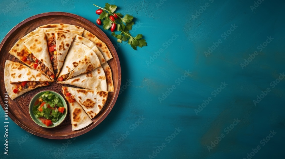Authentic mexican quesadillas with melted cheese on blue plate, space for text, minimalistic concept