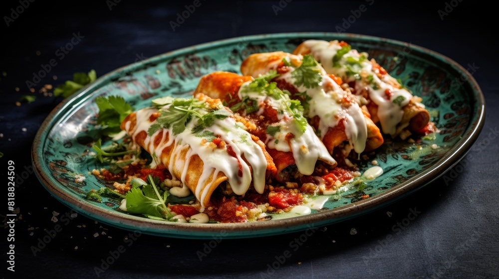 Authentic mexican enchiladas served on green plate centerpiece on rustic wooden table Authentic mexican enchiladas served on green plate centerpiece on rustic wooden table