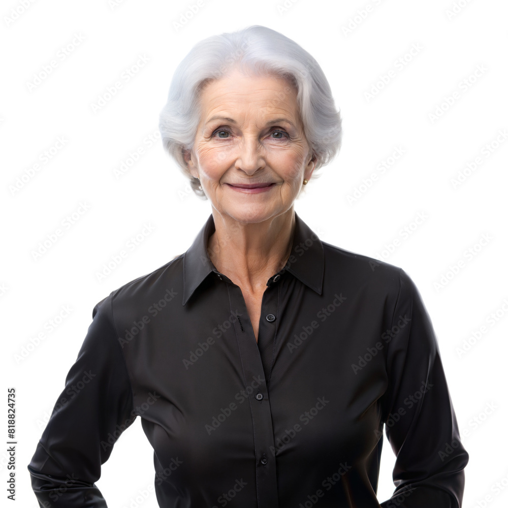 Elderly Woman Smiling in Black Shirt Against Transparent Background Studio Lighting Elderly Woman Smiling in Black Shirt Against Transparent Background Studio Lighting