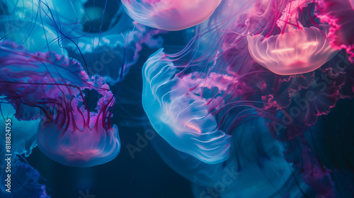 neon blue jelly fishes floating in sea photo