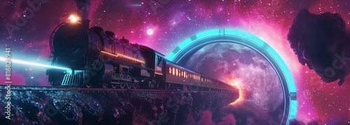 A steam train travels through a glowing portal in outer space, surrounded by colorful nebulae and floating rocks.