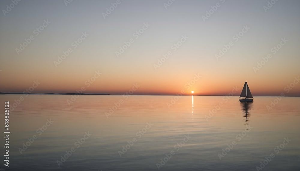 A serene sunset over calm waters with a lone sail upscaled_4