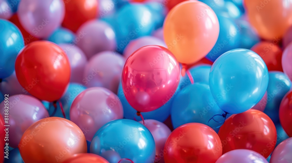 An array of vibrant red, blue, and orange balloons create a joyful and festive background