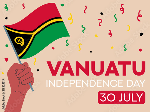 Vanuatu independence day 30 July. Vanuatu flag in hand. Greeting card, poster, banner template	