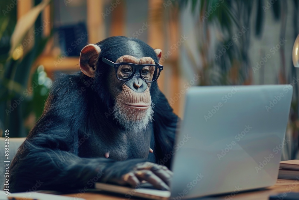 Anthropomorphic monkey with glasses working at a laptop in an office. Human characters through animals