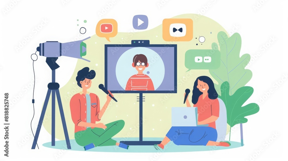 Live streaming, broadcast flat vector illustration Male and female social media network bloggers collaboration Vloggers cartoon characters Interview, podcast, video recording in studio,