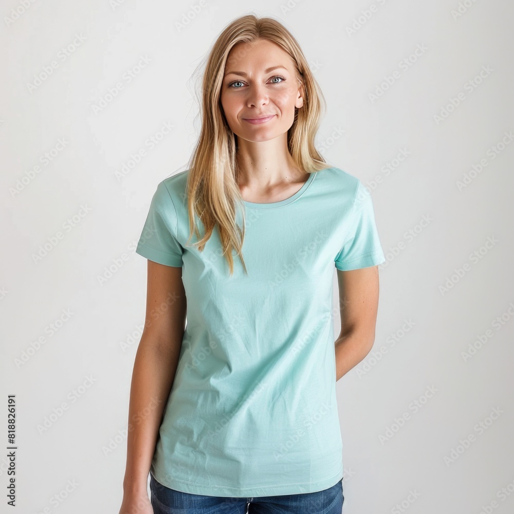 Aqua t-shirt with a round neckline, solid color, white background Aqua t-shirt with a round neckline, solid color, white background
