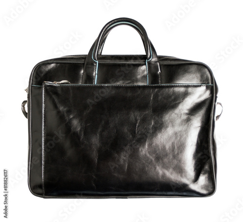 A black leather briefcase displayed on a white background, focusing on its stylish and professional design