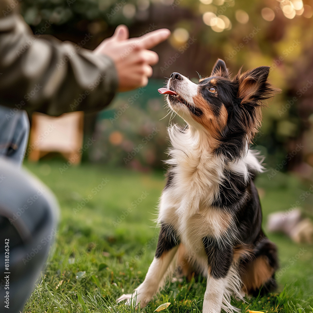 a person trains his dog in the backyard, gives commands and rewards it with treats, the dog looks attentively at the owner