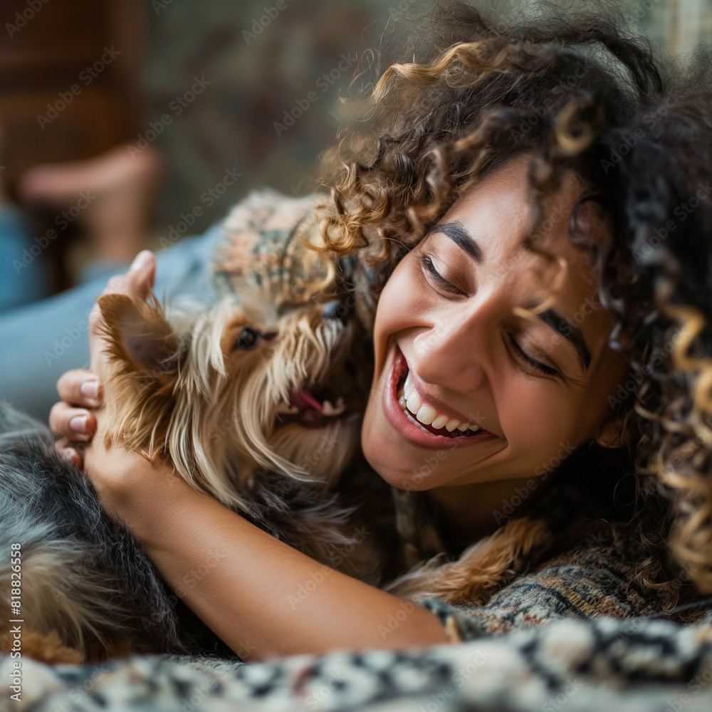 The pet owner happily hugs and plays with his happy dog at home, both enjoying each other's company. The pet owner happily hugs and plays with his happy dog at home, both enjoying each other's company.