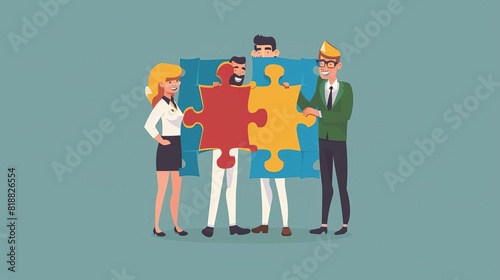 Teamwork and team building flat vector illustration Coworkers assembling jigsaw puzzle cartoon characters Coworking and business partnership concept Businessmen and businesswomen cooperation,