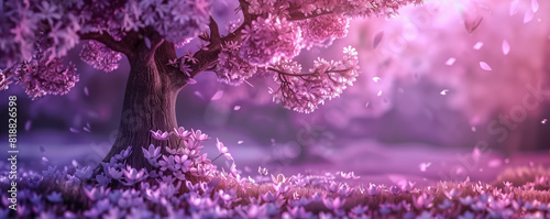 Purple spring blossom, panoramic view, floral card design, generated by AI 