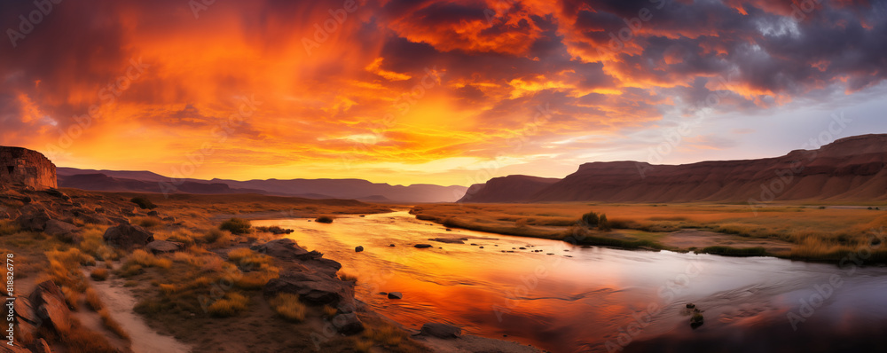 Late sunset over the river, beautiful colorful panoramic view, generated ai