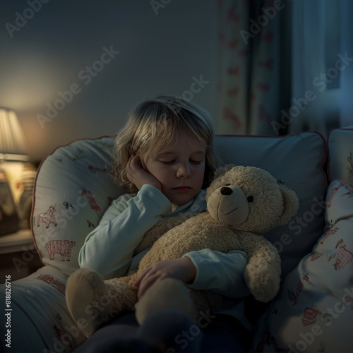 A small child holding a teddy bear, with a sleepy expression, sitting in a comfortable armchair in a softly lit bedroom