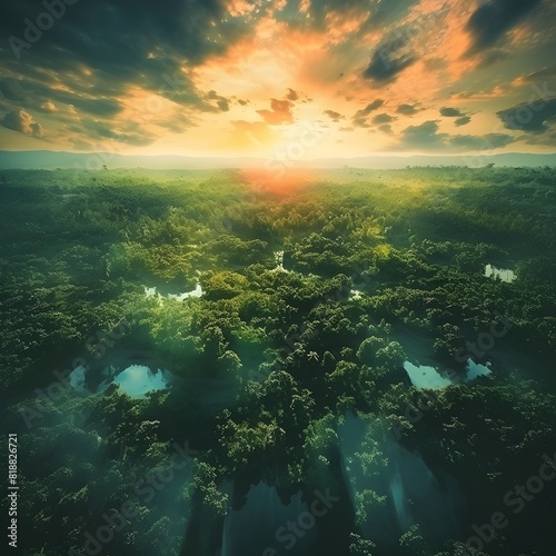 Aerial view of green jungle with winding rivers. Generative AI. © Studicon