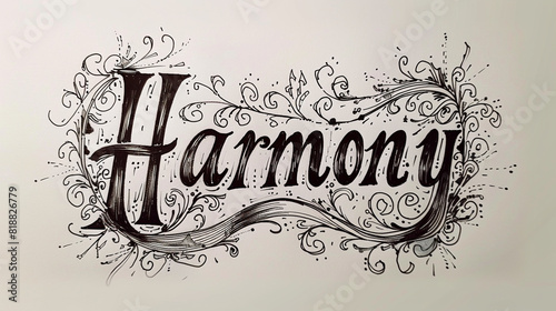 Detailed inkwork crafting the word "Harmony" with delicate precision and balance, symbolizing unity and coherence.