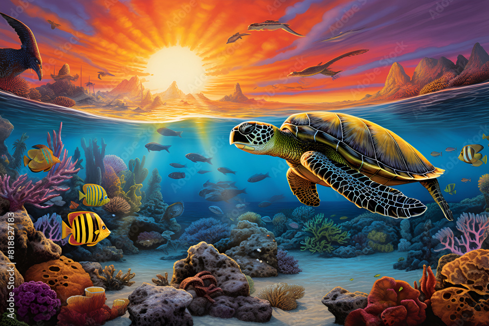 A Vibrant Underwater Scene Features A Sea Turtle Swimming Among