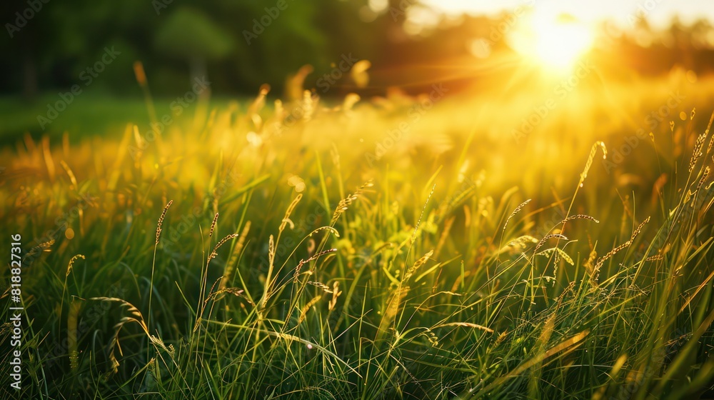 A serene scene of a grass field illuminated by the warm golden light of the setting sun, highlighting nature's beauty and tranquility