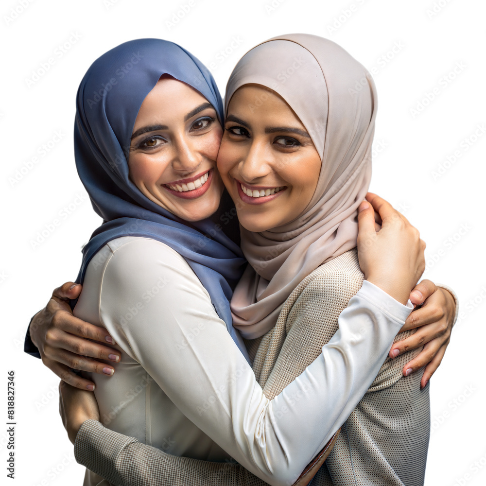 Two Women Embrace and Smile in a Studio With Transparent Background Two Women Embrace and Smile in a Studio With Transparent Background