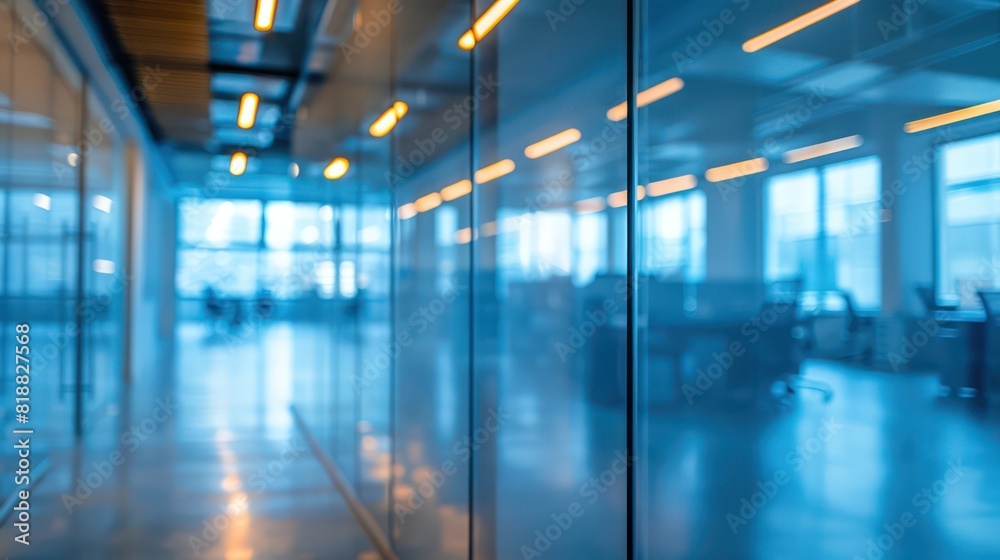 A blurred view of a contemporary office setting with glass partitions reflecting light and colors A blurred view of a contemporary office setting with glass partitions reflecting light and colors