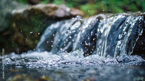 Close-up of a small waterfall with water droplets suspended in mid-air  surrounded by forest vegetation