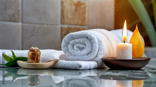 spa setting with candles and Spa towel , Relaxation concept