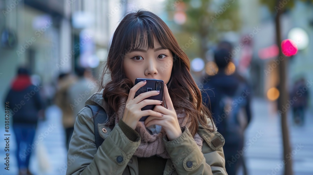 Fototapeta premium Asian woman taking a picture with her phone