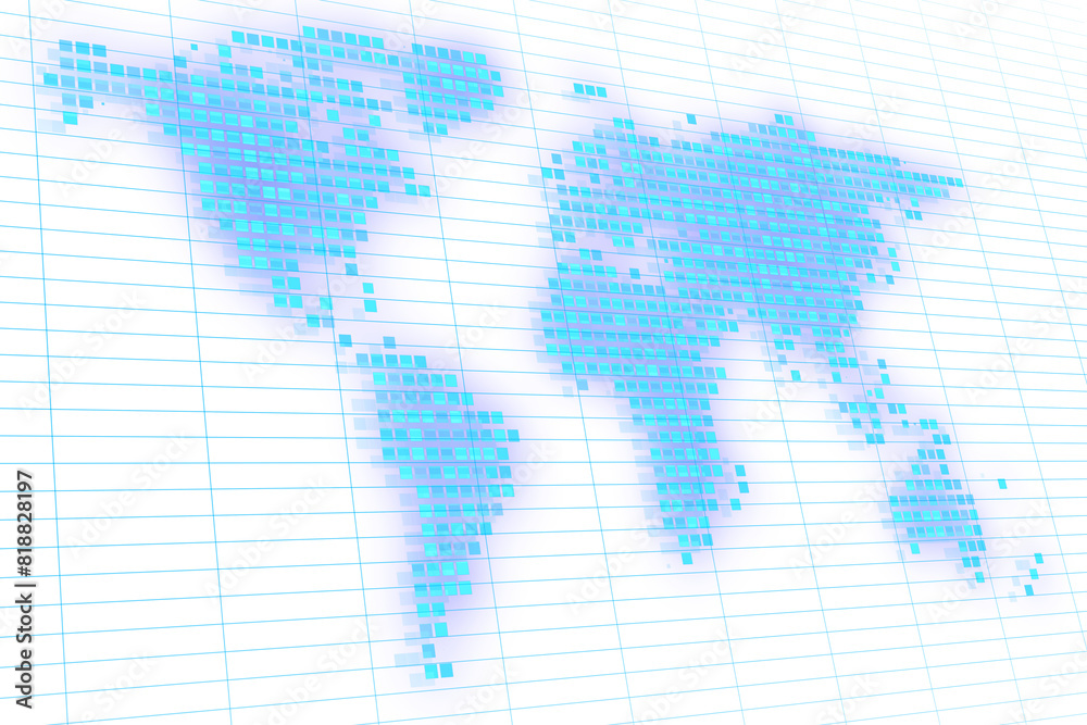 Abstract pixelated world map on grid lines, digital concept on a light background Abstract pixelated world map on grid lines, digital concept on a light background
