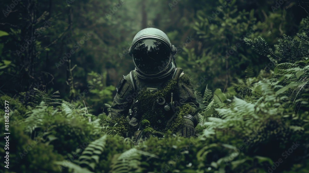 Astronaut in a mysterious green forest. The spacesuit is overgrown with moss Astronaut in a mysterious green forest. The spacesuit is overgrown with moss