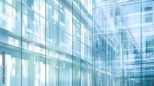 Architectural shot of a contemporary building facade featuring large glass curtain walls 