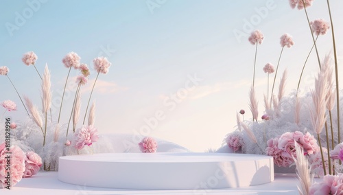 3d render of an aesthetic white circular podium surrounded by pink flowers