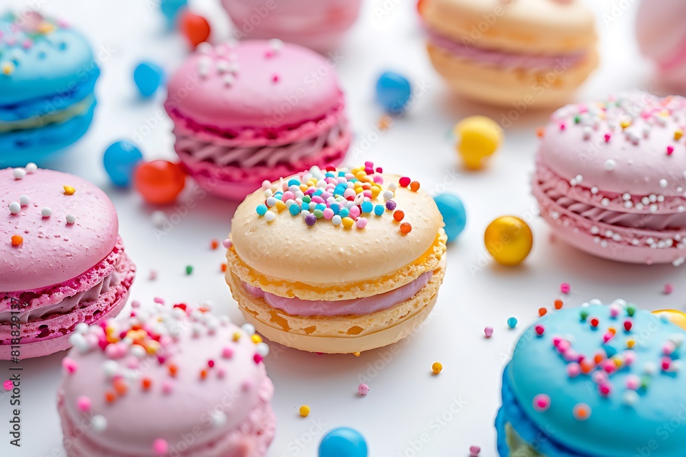 Vibrant Array of Macarons and Candies on White Background Vibrant Array of Macarons and Candies on White Background