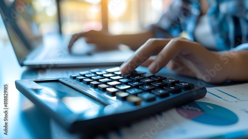 Hands on a calculator in a professional workspace, with a laptop and notebook providing additional context for financial activities