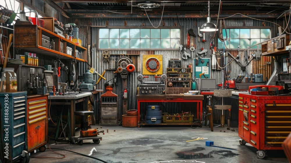 Automotive repair shop with mechanical tools hanging on the wall.